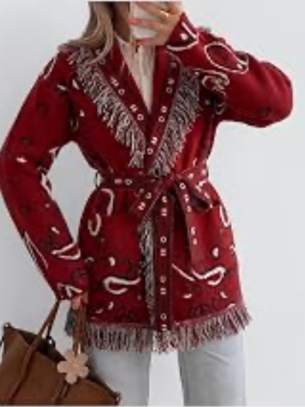 Tankaneo Womens Fringe Cardigan Long Sleeve Paisley Sweaters with Belt